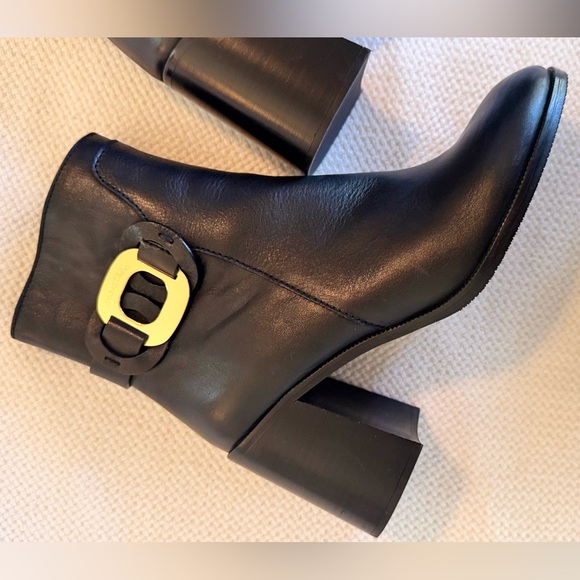 SEE BY CHLOE Chany Gold Buckle Black Leather Heeled Ankle Boots Booties Shoes - Picture 8 of 16